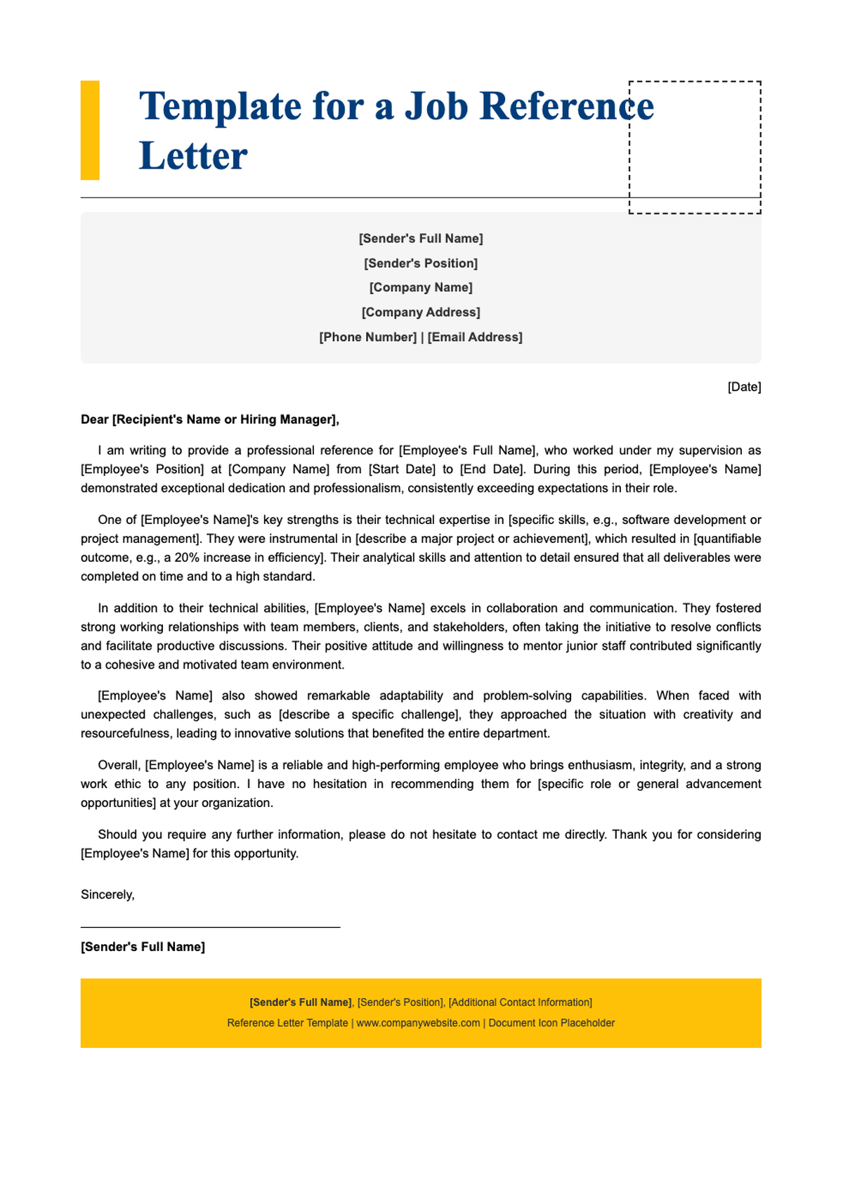 Professional job reference letter template with placeholder fields and yellow accents_variant_3